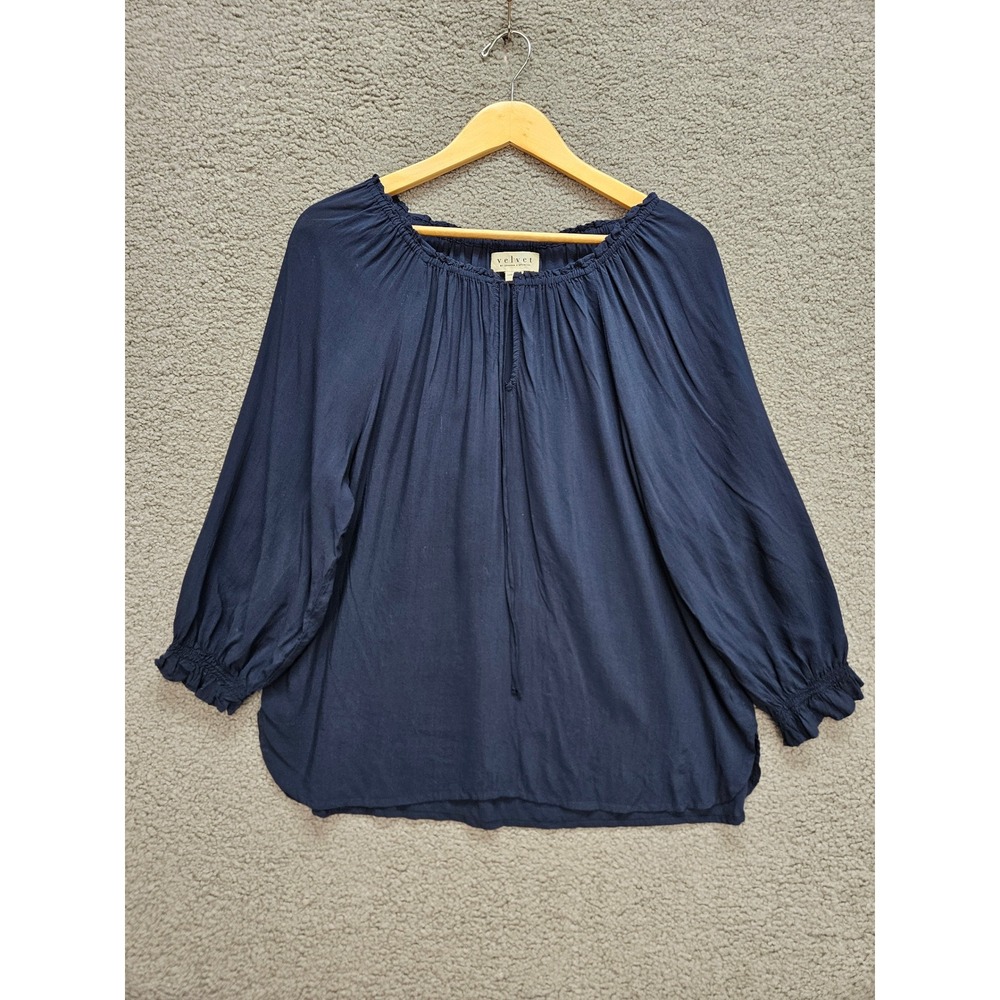 Velvet by Graham & Spencer Blouse Medium Navy Blue Boho Peasant Ruffle Top